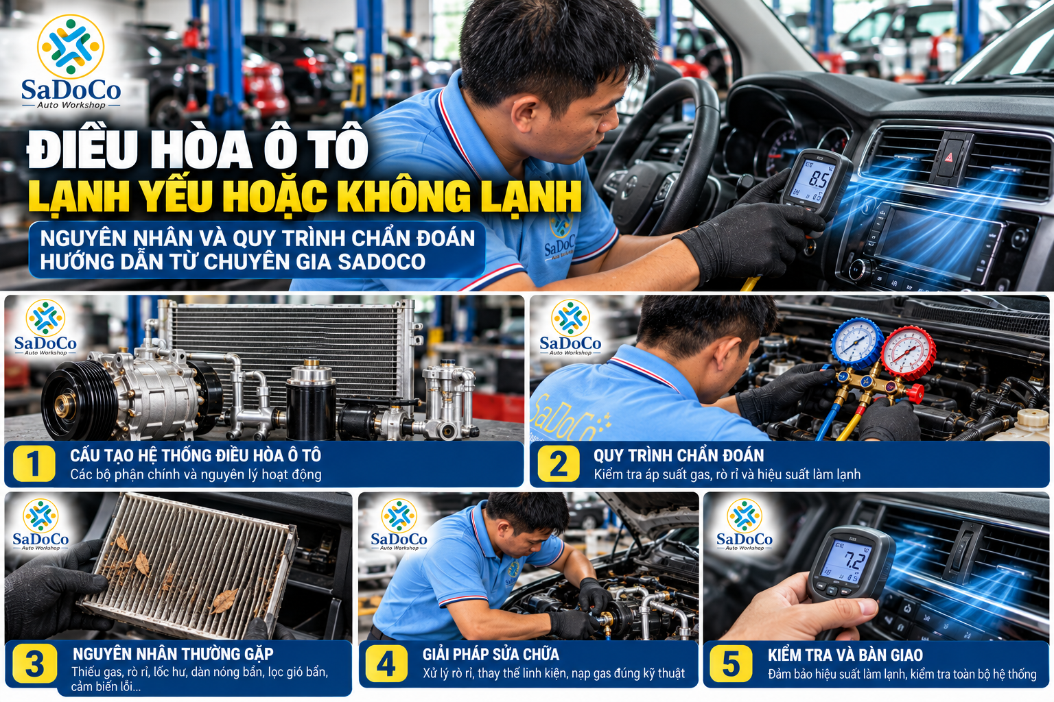 Minh họa quá trình xử lý và bảo dưỡng điều hòa ô tô