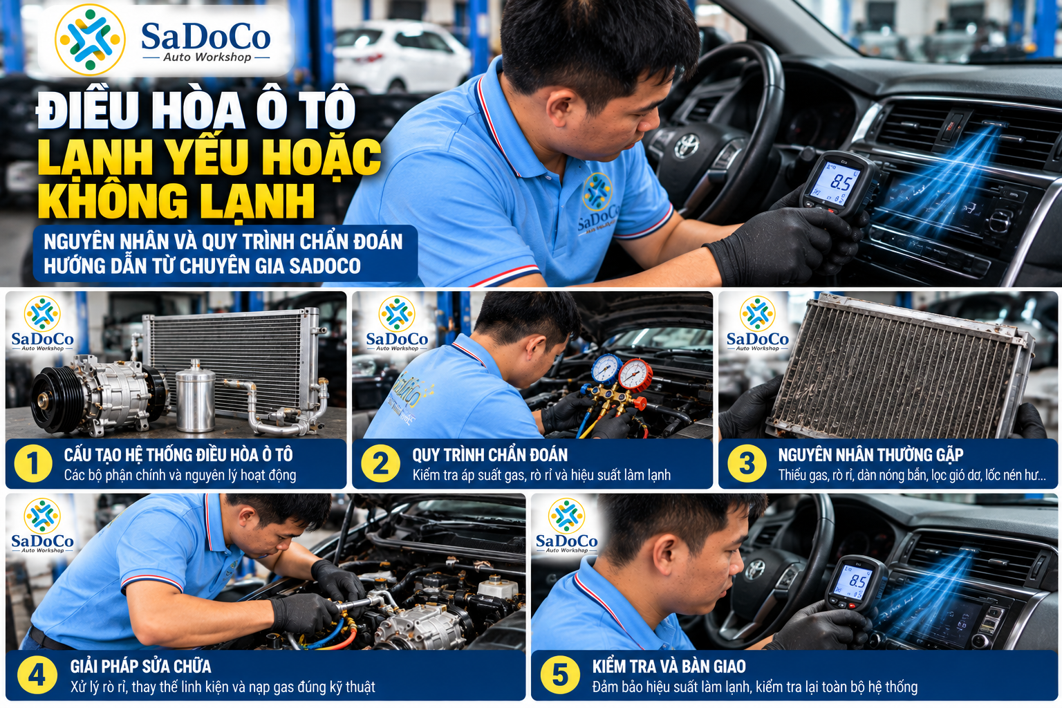 Minh họa kỹ thuật viên đo kiểm và chẩn đoán hệ thống điều hòa ô tô