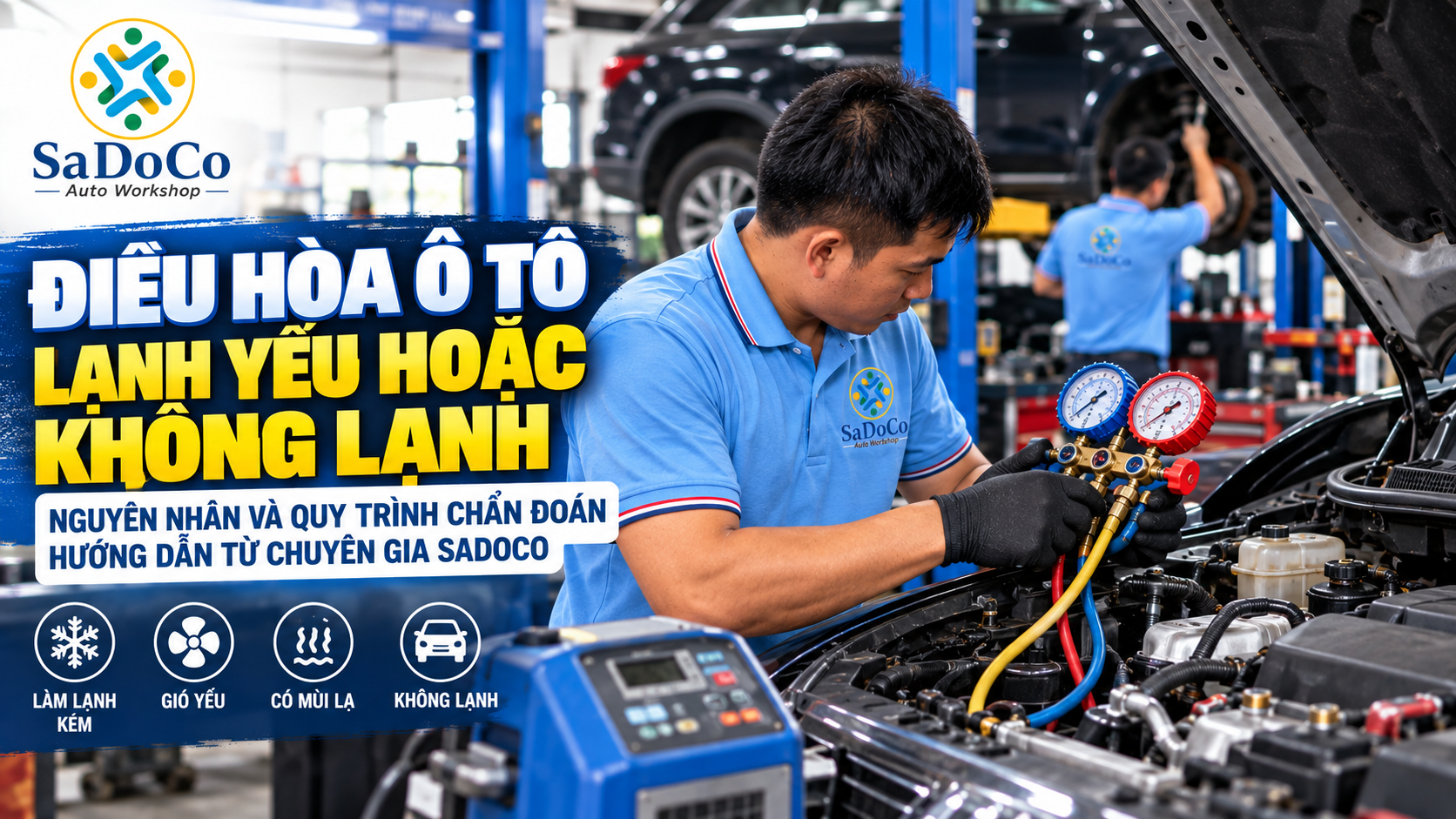 Minh họa kiểm tra tình trạng điều hòa ô tô lạnh yếu tại SaDoCo