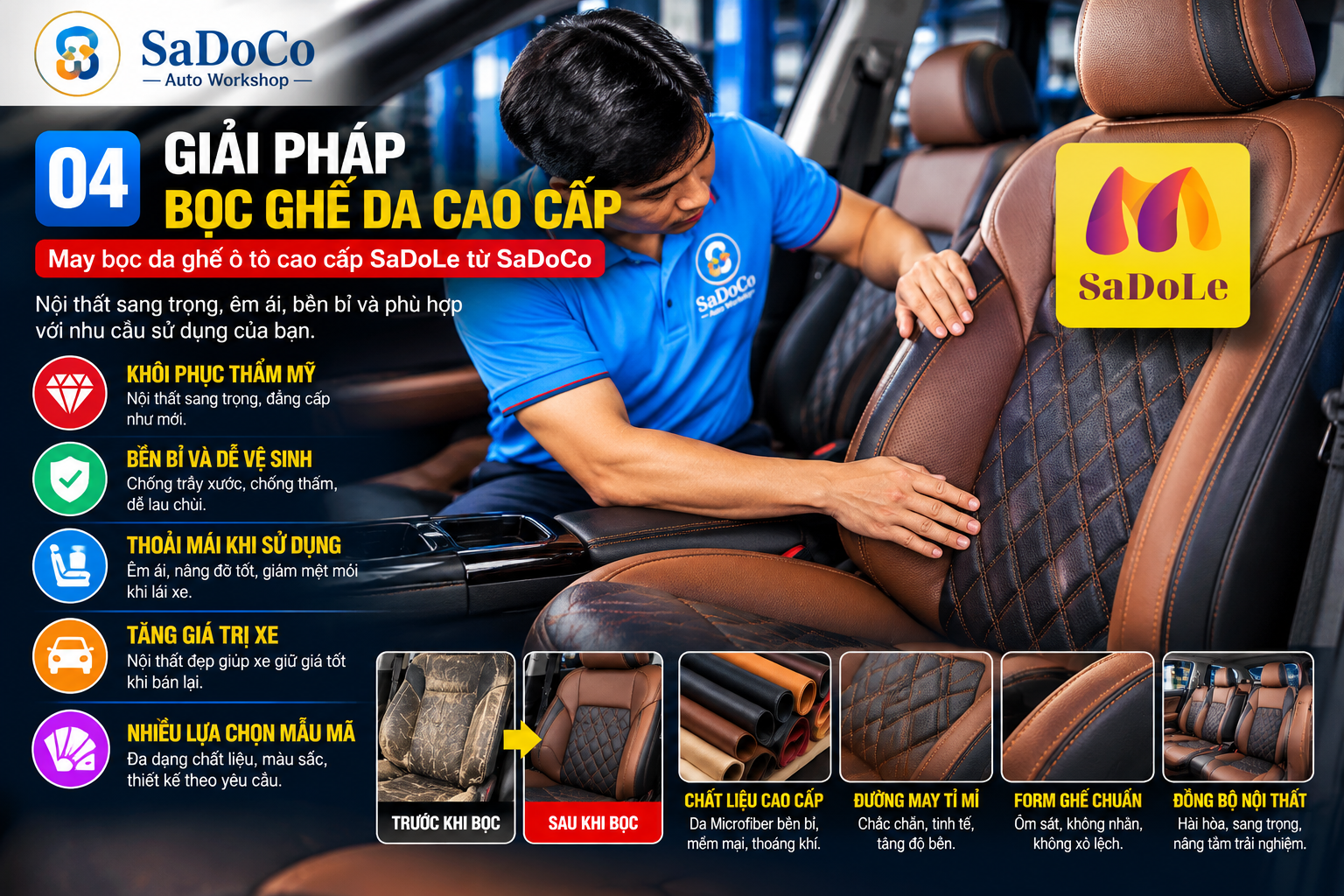 Giải pháp may bọc da ghế ô tô cao cấp SaDoLe từ SaDoCo