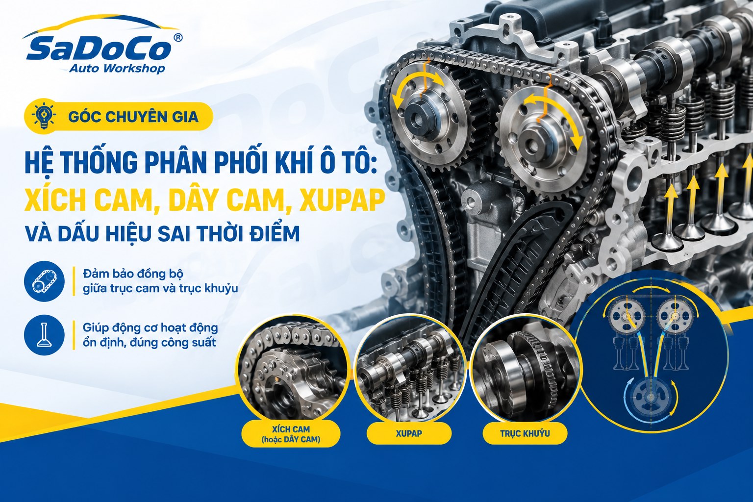 Hệ thống phân phối khí ô tô: xích cam, dây cam, xupap và dấu hiệu sai thời điểm