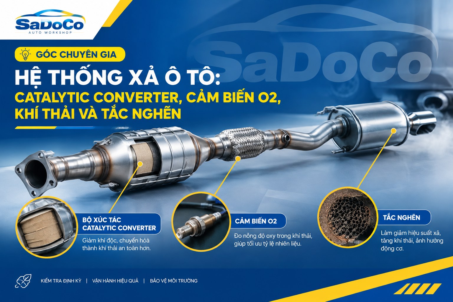 Hệ thống xả ô tô: cấu tạo, khí thải, catalytic và nguyên nhân xe yếu máy